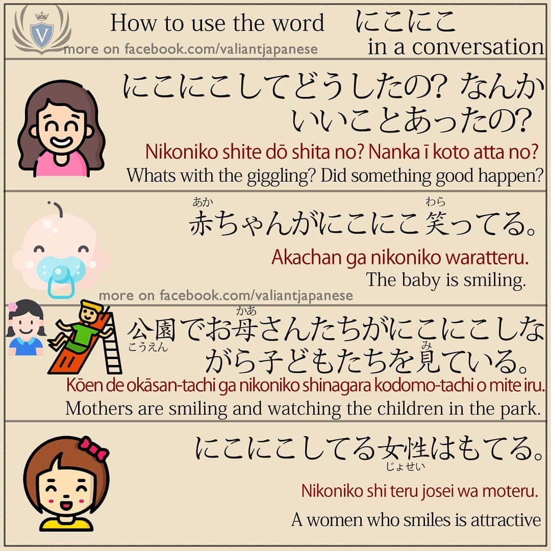 Valiant Language Schoolさんのインスタグラム写真 - (Valiant Language SchoolInstagram)「・ 🖌: @valiantjapanese ・ ⛩📓: Simple Japanese: How to use “にこにこ” in a sentence. 🧑🏻‍🏫  . Let’s study Japanese with ValiantJapanese ! . . . . . . . . .  #japón #japonês #japaneselanguage #japones #tokio #japan_of_insta #japonais #roppongi #lovers_nippon #igersjp #ig_japan #japanesegirl #Shibuyacrossing #日本語 #漢字 #英語 #ilovejapan #도쿄 #六本木 #roppongi #日本  #japan_daytime_view  #일본 #Япония #hiragana #katakana #kanji #tokyofashion」2月1日 12時02分 - valiantjapanese