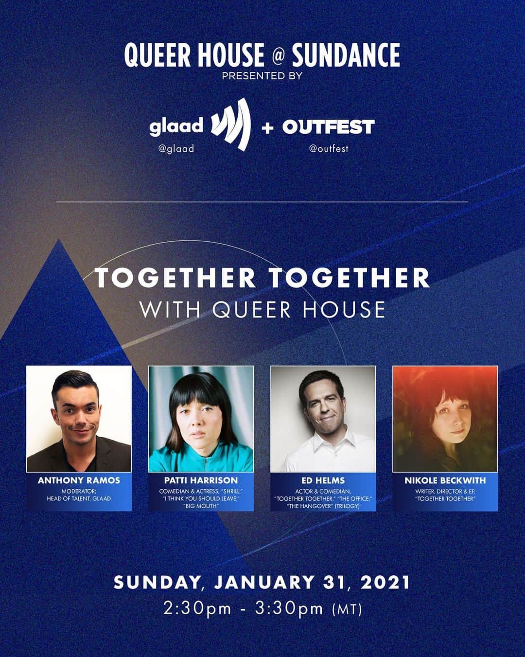 アンソニー・ラモスのインスタグラム：「I loved the film #TogetherTogether so much and I’m so excited to be talking to the film’s stars @party_harderson & @edhelms and the writer/director @nikolebeckwith today at #Sundance❤️🌈 ❄️  Go register to watch the conversation at the link in my bio.  #QueerHouse - Today (1/31) at 1:30pm PT @glaad @outfest」
