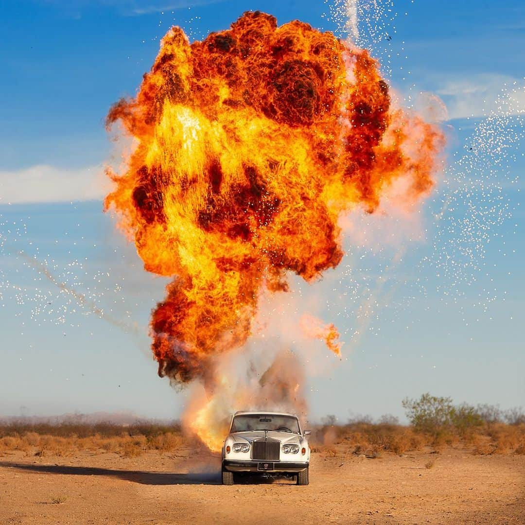 タイラー・シールズのインスタグラム：「Destruction is a form of creation. This was nothing short of a wild day. The first question I always get when someone sees this print “did you really blow up a rolls royce” which the answer is yes we did and it was just as awesome as it sounds. This print along with many others is currently on display in Philadelphia @corridorphilly I am very excited to finally have an opening in Philly sadly I can’t be there for this one but hopefully next year I can come! Swipe right to see some of the prints on the wall. Would you have blown up the car?」