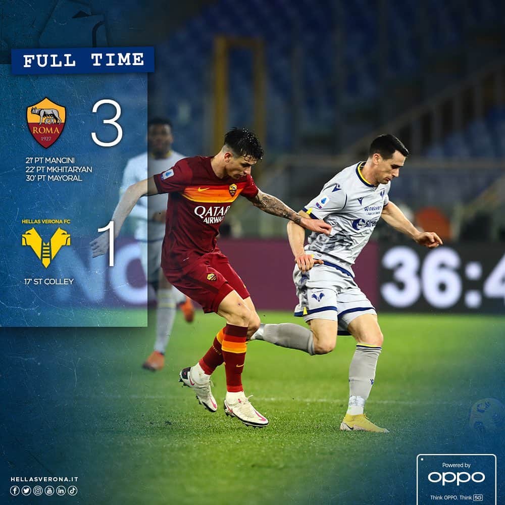 エラス・ヴェローナFCのインスタグラム：「Finisce qui: gialloblù battuti all’Olimpico, prima rete di Colley nella reazione della ripresa 🟨🟦  #DaiVerona #SerieATIM #RomaVerona #OltreILimitiConOppo」