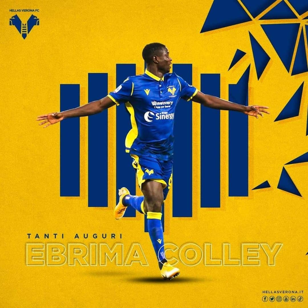エラス・ヴェローナFCのインスタグラム：「🥳⚽ Ieri il primo gol in Serie A, oggi ➕2️⃣1️⃣  AUGURI EBRIMA! 🟡🔵  #HVFC #Colley #HappyBirthday」