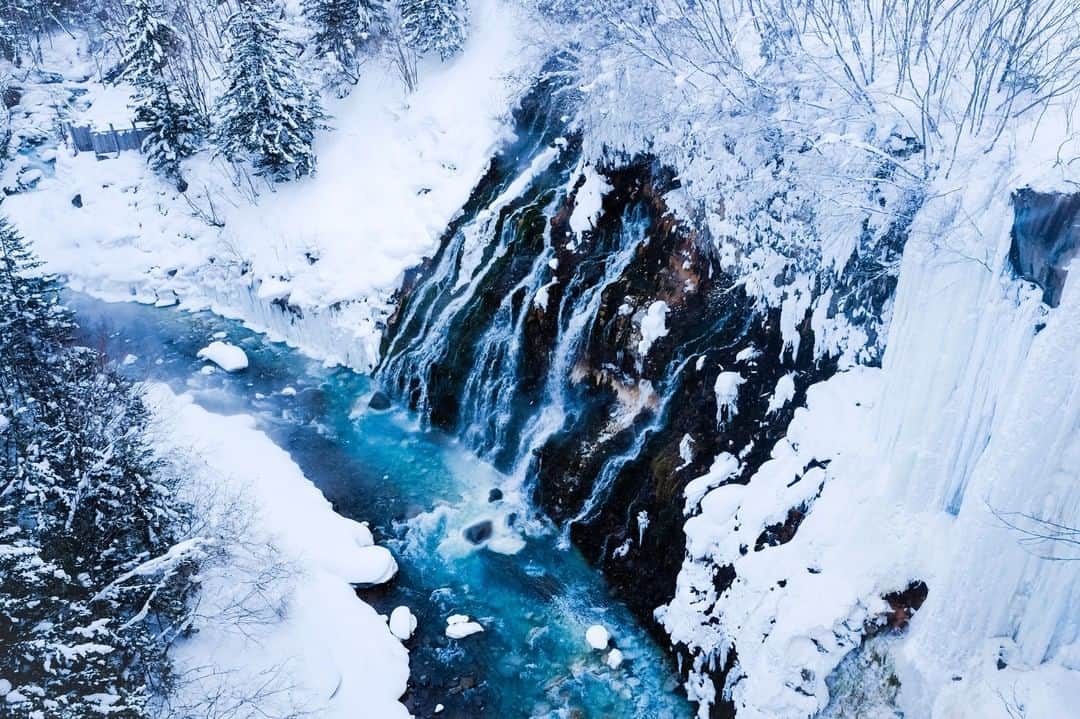 THE GATEのインスタグラム：「【 ❄️ Shirahige Falls // #hokkaido 🇯🇵 】 Shirahige Falls, in Biei, Hokkaido, is a 30-meter tall waterfall. Its waters come from the spring waters running beneath Mount Tokachi.  . The beautiful blue shade of the falls come from the aluminum particles in the water that reflect the sunlight to create the vibrant blue color. . The falls are beautiful throughout all four seasons. In the winter, Shirahige Falls has a special light up event, and creates a romantic atmosphere.  The falls don’t freeze, but the water vapor from the falls freezes onto nearby tree branches, and creates a phenomenon called soft rime. . #japanlovers #Japan_photogroup #viewing #Visitjapanphilipines #Visitjapantw #Visitjapanus #Visitjapanfr #Sightseeingjapan #Triptojapan #粉我 #Instatravelers #Instatravelphotography #Instatravellife #Instagramjapanphoto #snow #Hokkaido #traveljapan」