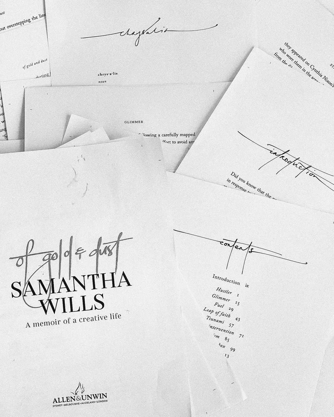 サマンサウィルスのインスタグラム：「Some well-worn pages of my final manuscript for #OfGoldAndDust. I was adamant that I wanted everything about this book to feel as personal as possible and was very grateful to my publisher Kelly Fagan @allenandunwin that she gave me the green light to have all the chapter titles in my handwriting.⠀ ⠀ I’ll be sharing lots of little hidden easter eggs in the book once she’s in your hands, but right now I just wanted to say a HUGE THANKYOU so, so, SO very much to all of you for your generous, gracious and incredibly overwhelming amount of support and love last night. Your support of pre-orders and posts, kind words and comments exceeded anything I could have hoped for my beloved Of Gold & Dust’s opening night!⠀ ⠀ INTERNATIONAL: Lots of people asking about international pre-order, have updated link in bio so it contains that also.⠀ ⠀ SIGNED COPIES: Given last night ‘s incredible response we are nearing our capacity for pre-order signed copies, so if you do want one with my scribble in it, be sure to grab one quick. Link in bio for signed copies.⠀ ⠀ Sending love to wherever you are reading this.  ⠀ How lucky I am to be surrounded by you all. - SWx」