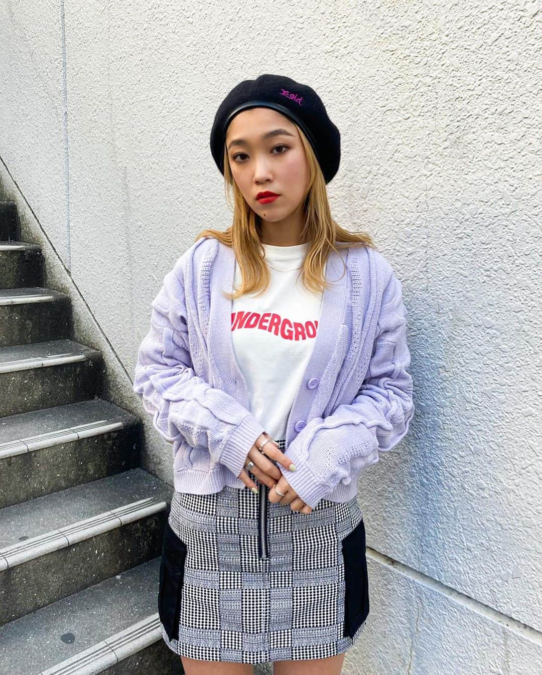 XGIRL_ootdのインスタグラム：「#xgirl_ootd @___xgirlika 158cm X-girl UMEDA STAFF ・ ------------------------ ・ ▪️ DISTORTED LOGO L/S TEE ¥6,000+tax (SIZE S) ▪️ SPRING 3D KNIT CARDIGAN ¥12,500+tax(ONE SIZE) ▪️ ZIP-FRONT SKIRT ¥8,000+tax(SIZE S) ▪️ MILLS LOGO PIPING WOOL BERET ¥5,000+tax ・ ------------------------ #xgirl #xgirljp #xgirlus」