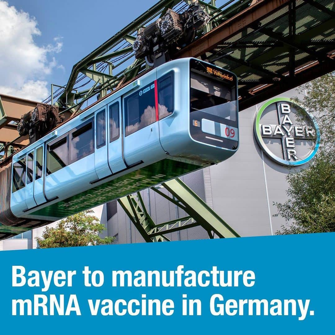 バイエルのインスタグラム：「+++ Exciting News +++ Bayer to manufacture mRNA vaccine in Germany! Bayer is already supporting CureVac with the further development, supply and key territory operations of CureVac´s vaccine candidate through its expertise and established infrastructure in areas such as clinical operations, regulatory affairs, pharmacovigilance, medical information, supply chain management as well as support with country operations within the European Union and selected additional markets. Although we have not previously produced vaccines, we hold strong expertise in the development of biotech products. Since the announcement of our alliance between Bayer and CureVac earlier this year, we have diligently assessed our ability to further contribute with end-to-end manufacturing. We have the necessary skills and capabilities at Bayer to manufacture CureVac’s mRNA-based vaccine.  #vaccine #curevac #covid_19 #fightcovid19 #teambayer #strongertogether #corona #coronavirus #fightcoronavirus💪」