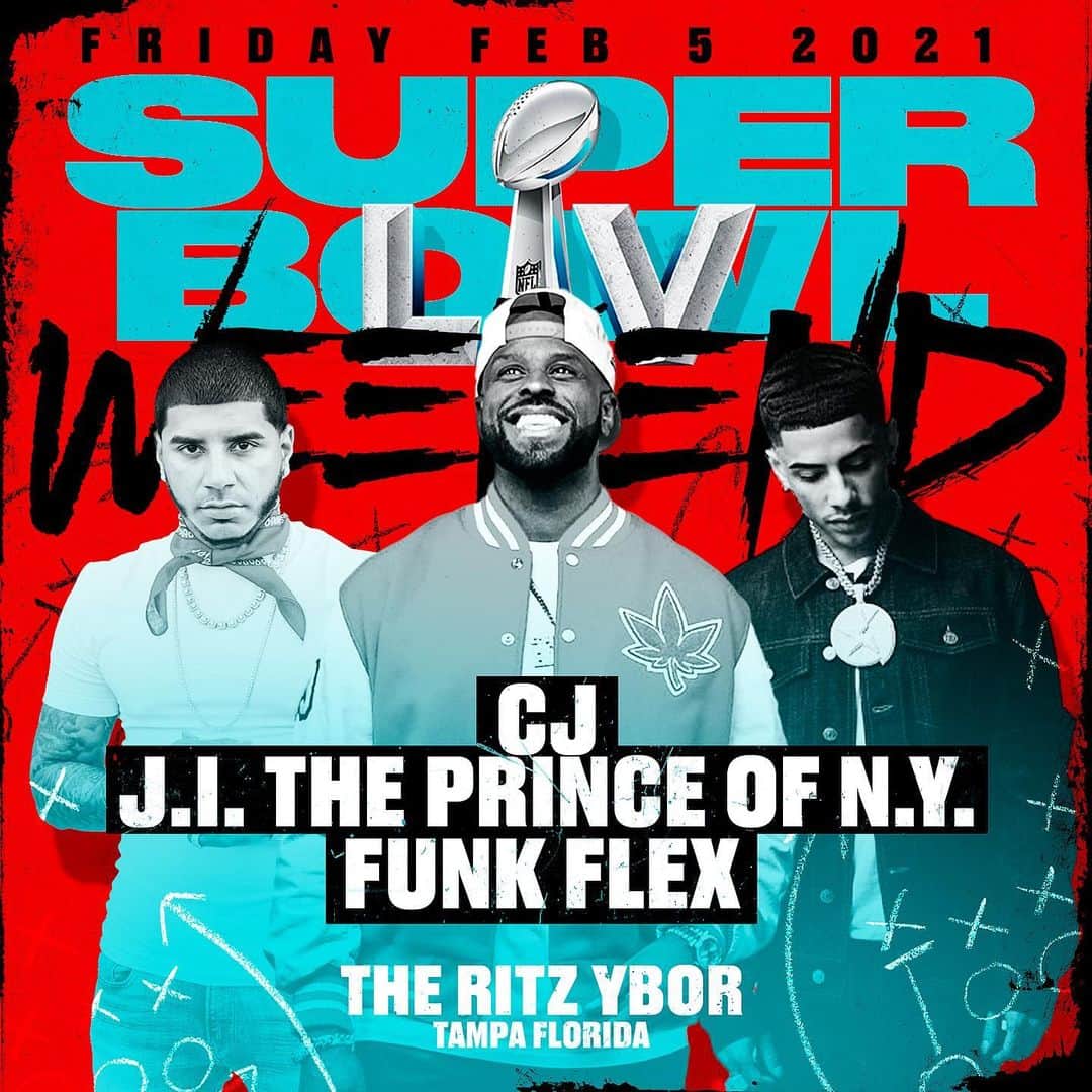 ファンクマスター・フレックスのインスタグラム：「SUPERBOWL WEEKEND! TAMPA FLORIDA! @realcj_ x @iamj.i !!!! @funkflex on the set!!! Pow!!!! I will be in rare form!!! Ready to party!!! Maria you ready??? @joejaxson x @jamescruz1 x @gstarr_mgmt !!!! Eric we ready!!!」
