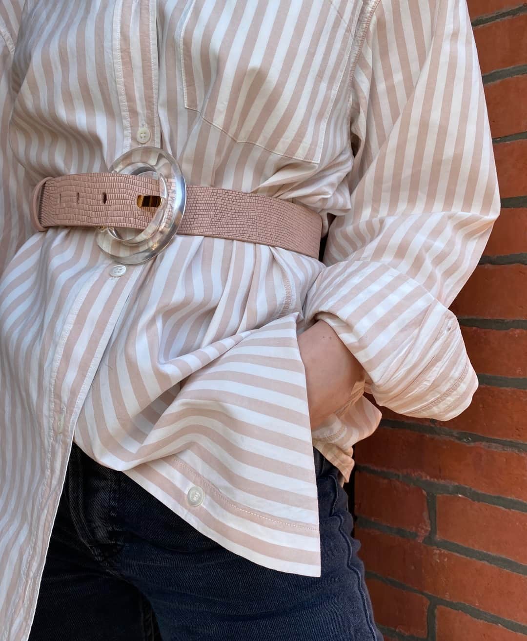 リジー フォルトゥナートのインスタグラム：「Snapped sis on my front steps in BK the other day 〰️ I love statement belts layered over shirts, sweaters and jackets (hello snowstorm) 💛 but this one will also carry you through to spring 🌸 Our Sofia Belt in Blush exclusively at @hampdenclothing • #lizziefortunato」