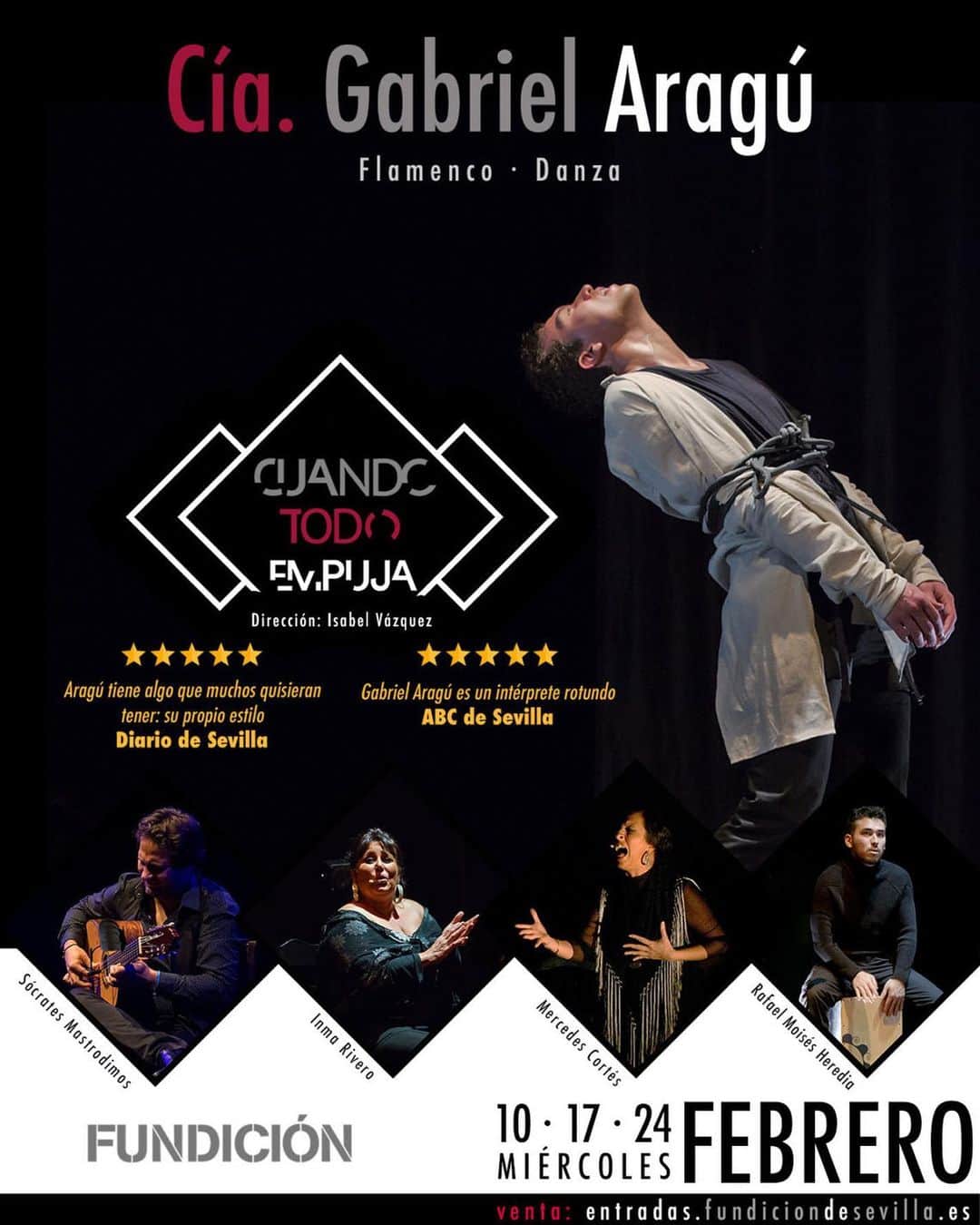 DeFlamenco.comのインスタグラム：「«Cuando todo empuja», espectáculo de Gabriel Aragú  Miércoles 10, 17 y 23 de febrero 2021 – La Fundición (Sevilla)  Entradas:   https://entradas.fundiciondesevilla.es/index.php?event_id=6525 Link en stories y en nuestra agenda de flamenco en Sevilla:   https://www.deflamenco.com/conciertos-flamenco-en-sevilla.html  Buscando ese ser armonioso, nos prohibimos esta emoción tan profunda, ancestral y liberadora como es el enfado. ¿Por qué no dejamos salir la rabia? Miedo a equivocarse, a ser señalados, a perder esa perfección…  ¿Qué hay del otro lado? Estamos cómodos y tranquilos ¿Por qué voy a querer atravesar esa decisión? ¿Y si me quedo aquí para siempre me arrepentiré? Este espectáculo comienza cuando el artista ya no puede contenerse más…  Gabriel Aragú, baile Socrátes Mastrodimas, guitarra Inma Rivero, Mercedes Cortés, cante Rafael Moisés Heredia, percusión  @gabriel_aragu_   #sevilla #flamencosevilla #flamenco #deflamenco #baileflamenco」