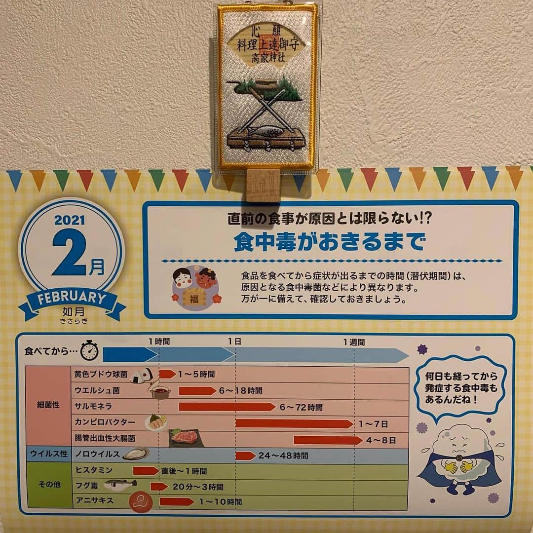 浜口順子さんのインスタグラム写真 - (浜口順子Instagram)「2月になりましたね。 ということで、カレンダーも めくります。 このカレンダーはね、 キッチンに貼ってるの。 新宿区保健所さん 新宿区食品衛生協会さんが作った カレンダー。 毎月衛生面で気をつける事を学べます✨ お友達の新宿あわわちゃん @shinjukuawawa が送ってくれたのー ありがとう💭 食中毒には気をつけましょう。  あ、上のお守りはね 千葉の　#高家神社　さんの 料理上達祈願のお守りを 飾っております。 神様に見守られながらの パニックキッチンとなっております。  皆様2月もよろしくお願いします。 節分だ〜❗️ 気持ち新たにいきましょう。」2月2日 0時01分 - hamaguchijunko