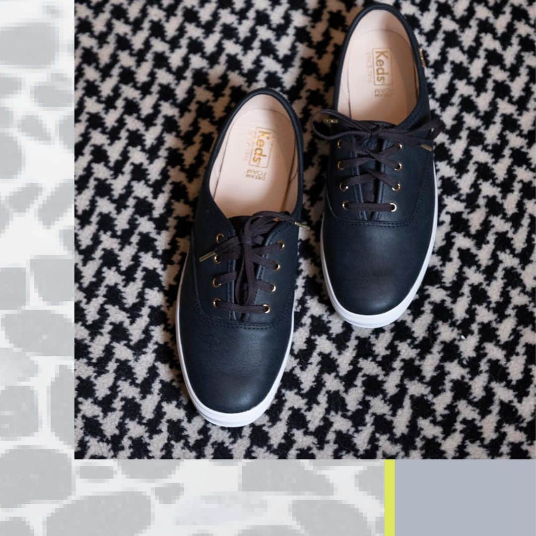 Kedsのインスタグラム：「Using specialty (and incredibly soft) leather and shiny golden details, we gave our icon a luxurious twist. Perfect with every print and an easy addition to a monochrome look, these are the kind of sneakers you find yourself reaching for again and again. Tap to shop the Keds Champion Luxe Sneaker.」