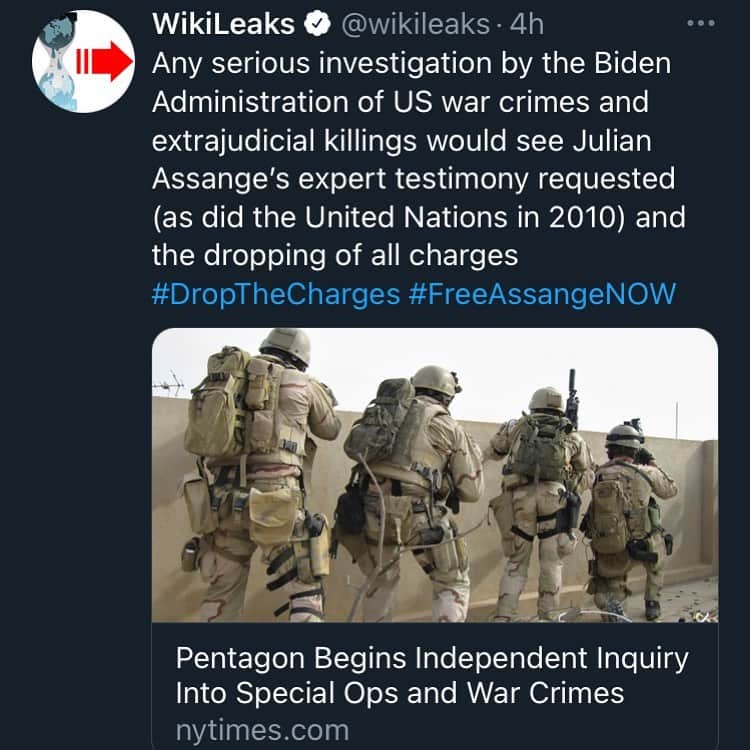 WikiLeaksさんのインスタグラム写真 - (WikiLeaksInstagram)「Any serious investigation by the Biden Administration of US war crimes and extrajudicial killings would see Julian Assange’s expert testimony requested (as did the United Nations in 2010) and the dropping of all charges #DropTheCharges #FreeAssangeNOW」2月2日 2時06分 - wikileaks