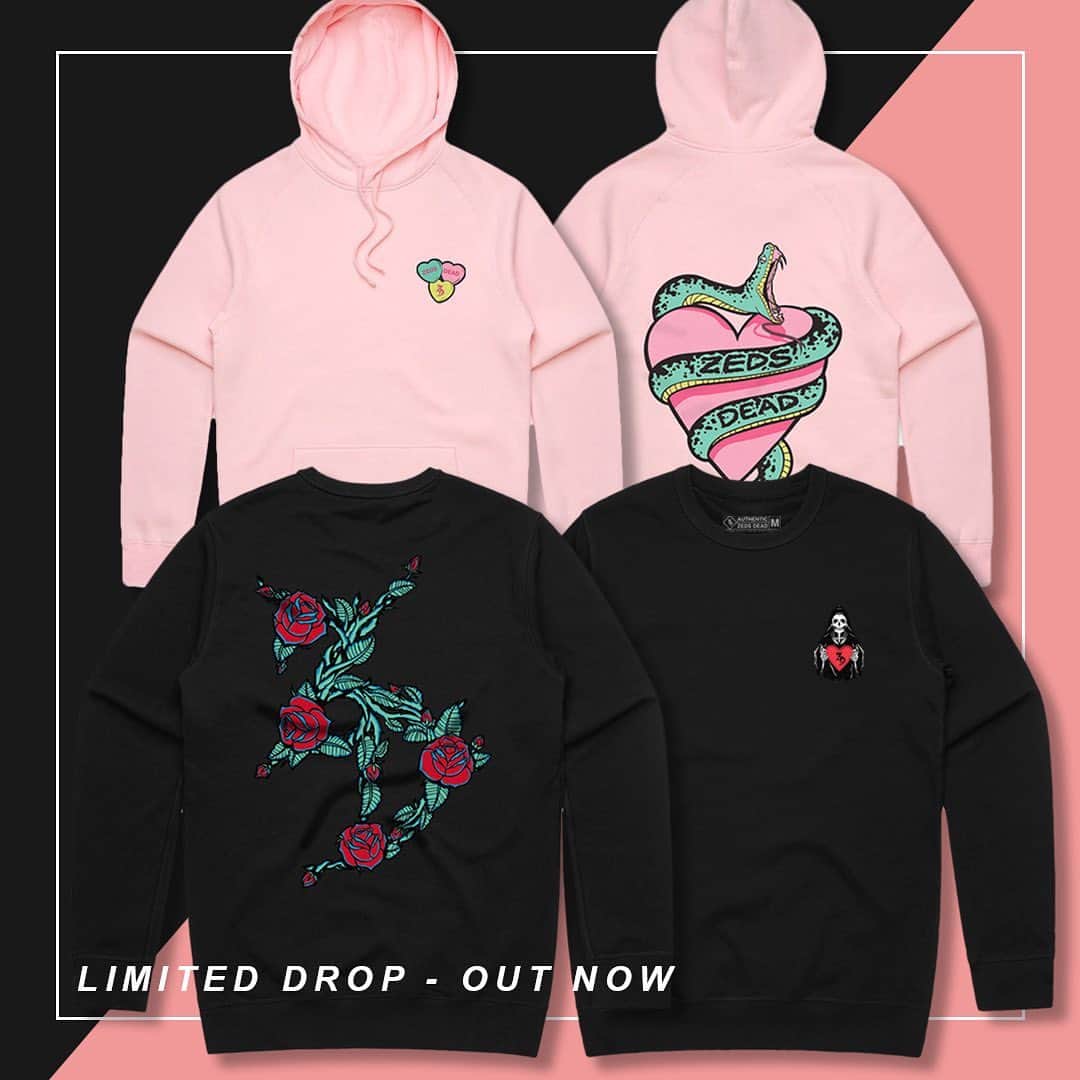 Zeds Deadのインスタグラム：「Limited edition Valentine’s Day merch available now 💘 Merch link in bio or head to zedsdead.kt8merch.com!」