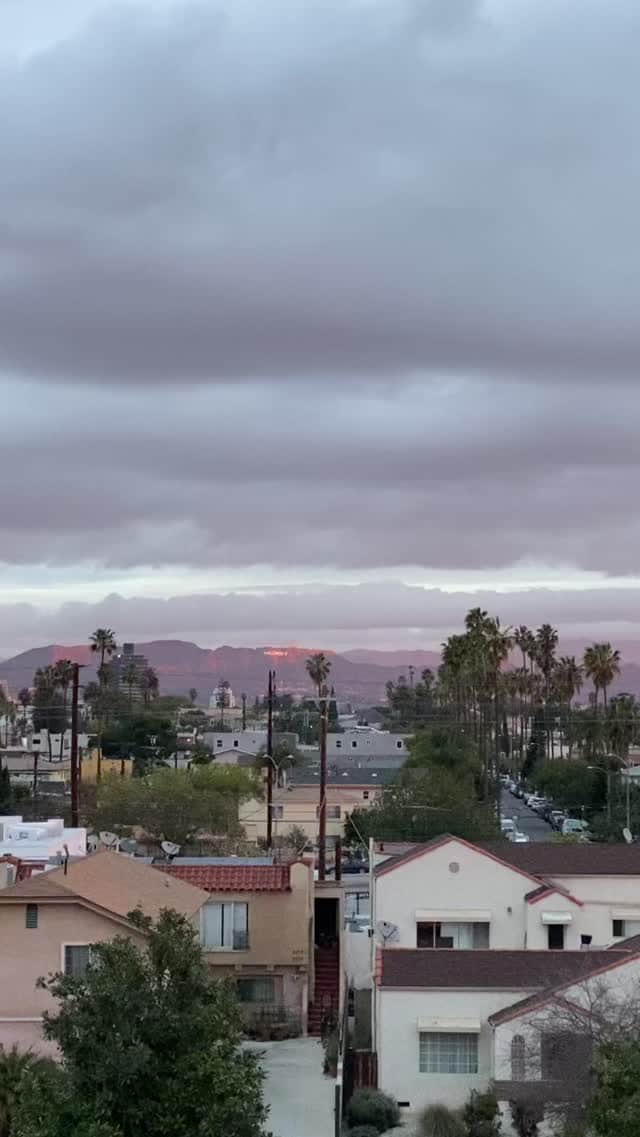 JO BAKERのインスタグラム：「Sunrise on the #hollywoodsign .... oh and the neighbors bought 2 Alsatian puppies. (That get left in the cold garden every night) 😣Sound on 6am !! Too many dogs in my neighborhood get left out as security and it hurts my heart. The best I can do it keep throwing them doggy treats to add a little cheer to their situation.」