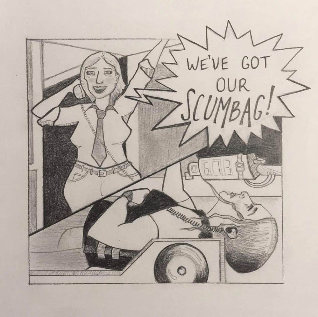 ローレン・アッシュのインスタグラム：「Okay the IMPOSSIBLY TALENTED @peaches3thousand drew this of @unsolvedchristy and I. Yup. That’s me as Keanu and Christy as Jeff Daniels in Speed. This is just...so amazing and so special for so many reasons. I am obsessed. @truecrimeandcocktails has the most amazing listeners and friends in the WORLD. ♥️」