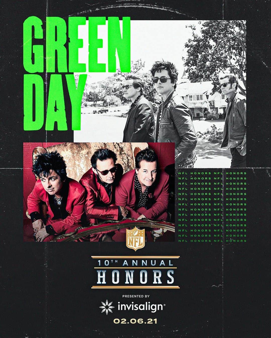 Green Dayのインスタグラム：「🔥🏈 Fired up to finally be back on stage + kick off the 10th Annual @NFL HONORS with an epic performance this Saturday at 9pm ET/PT on CBS 🤘#RaiderNation #JustWinBaby」