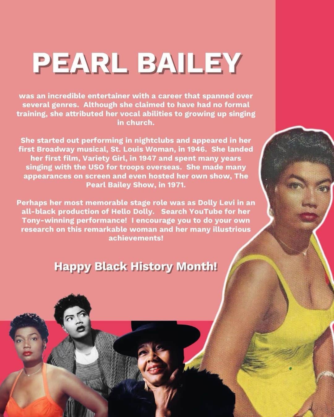 メーガン・ヒルティのインスタグラム：「Happy #BlackHistoryMonth! Every Monday this month I’ll be featuring some of my favorite Black Broadway/theater performers who have inspired (and continue to inspire) me. First is the iconic and legendary Pearl Bailey. 💛 Please check out my highlights to watch my favorite performance of hers.」