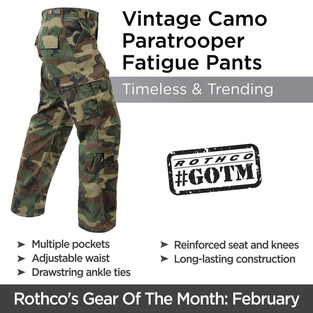 ロスコのインスタグラム：「Built for style and function, Rothco’s enhanced cargo pants, the Vintage Camo Paratrooper Fatigue Pants, feature eight pockets and a durable material construction or long-lasting wear. #GOTM」