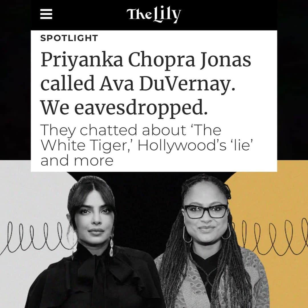 プリヤンカー・チョープラーのインスタグラム：「This woman is formidable! Talking with my fellow EP on #TheWhiteTiger @ava about all the things that inspire us to do what we do everyday was so exciting to me. We are so grateful for all the love The White Tiger has received. Head to my story for the full piece with @thelilynews for The Washington Post.」