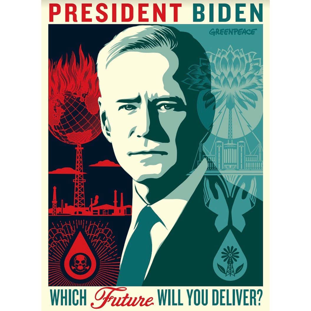 ジューン・ダイアン・ラファエルのインスタグラム：「Biden is off to a great start for the climate, but we know he can go further! This portrait of @potus by OBEYGIANT in collaboration with @greenpeaceusa is avail at link in bio. Download it and take action. #buildbackfossilfree」