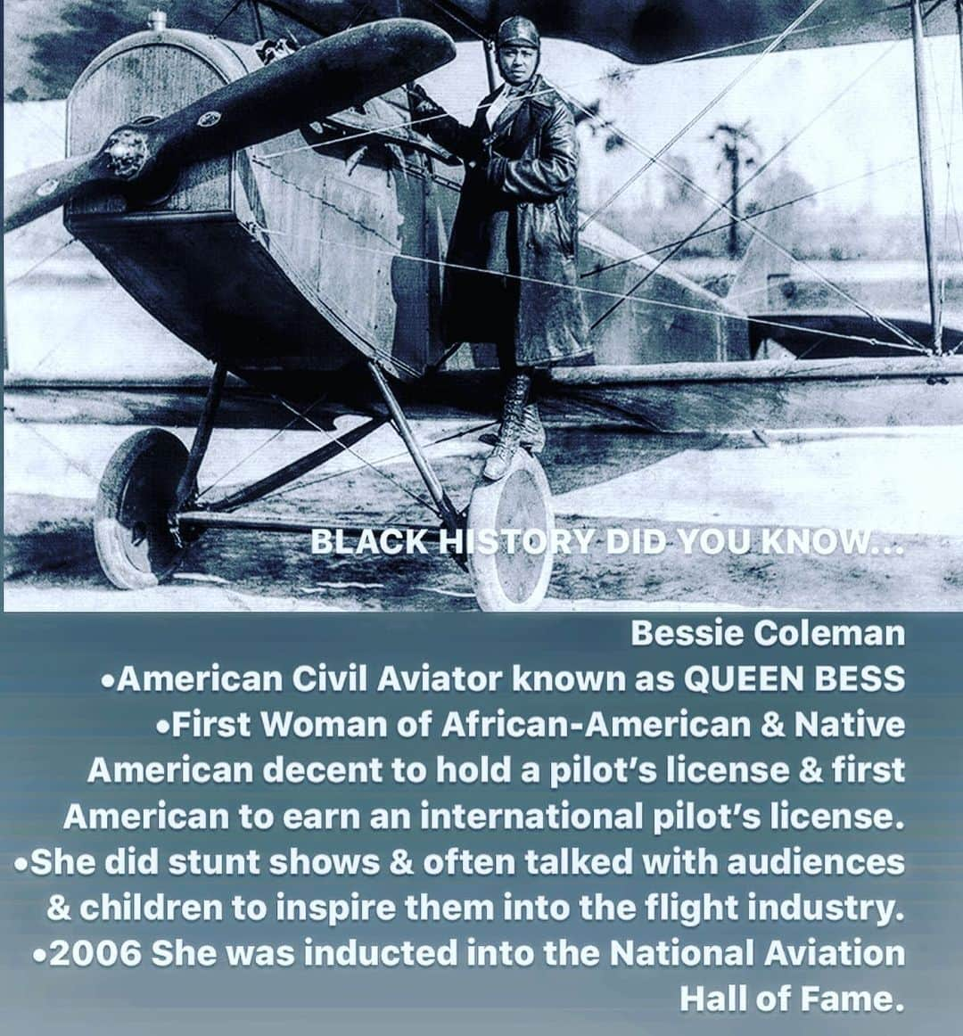 ダンテ・カーヴァーのインスタグラム：「BLACK HISTORY  DID YOU KNOW...   Bessie Coleman •American Civil Aviator known as  QUEEN BESS •First Woman of African-American & Native American decent to hold a pilot’s license & first American to earn an international pilot’s license. •She did stunt shows & often talked with audiences & children to inspire them into the flight industry. •2006 She was inducted into the National Aviation Hall of Fame. #bhm #blackhistory #americanhistory #peopleareawesome #didyouknow #inspirationthroughhistory #bessiecoleman」