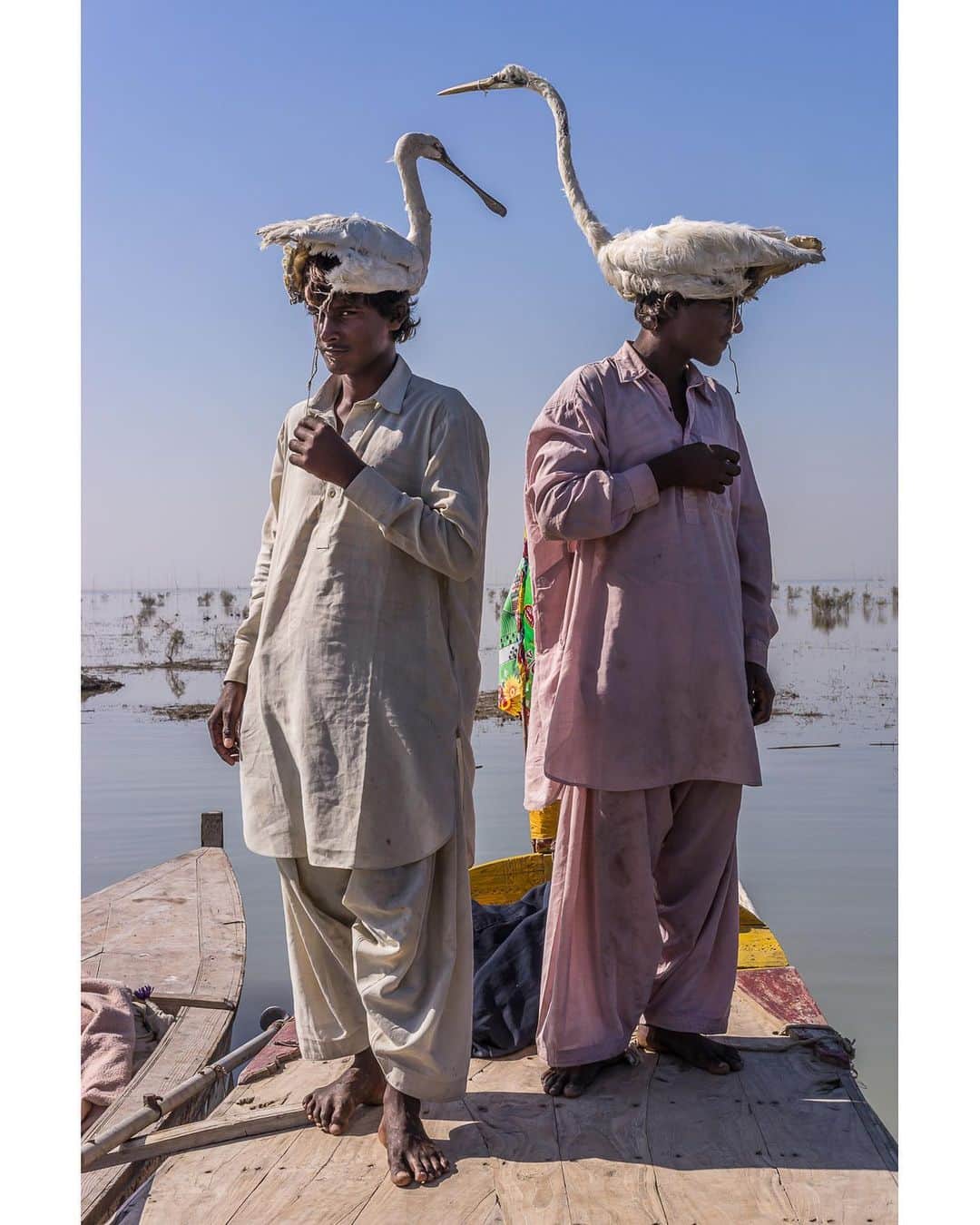 thephotosocietyさんのインスタグラム写真 - (thephotosocietyInstagram)「Photo by Brendan Hoffman @hoffmanbrendan // Residents of the floating village of Umar Shaikh, a collection of boats inhabited by members of the Mohanna tribe on Lake Manchar, the largest freshwater lake in Pakistan, pose for a portrait with artificial birds they wear to disguise themselves for bird hunting. The lake normally draws migratory birds for a stopover during their trip from Siberia to the Indian subcontinent, but due to the lake becoming more polluted, the fish that attract the birds and support the Mohanna are becoming scarce, forcing many residents to abandon their traditional lifestyle. Follow me @hoffmanbrendan for more human stories from around the world. #mancharlake #sindh #pakistan」2月2日 11時30分 - thephotosociety