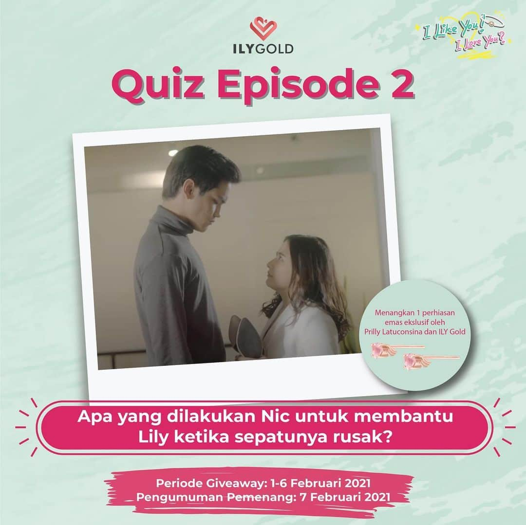 Prilly Latuconsinaさんのインスタグラム写真 - (Prilly LatuconsinaInstagram)「Hi Prillvers, masih kebayang gemesnya Aku dan Mas Nic di Web Series "I Like You! I Love You?" Episode 2?  Buat kamu yang sudah menyaksikan Web Series "I Like You! I Love You?" Episode 2, aku dan @ily.gold punya hadiah spesial lho! Dapatkan hadiah perhiasan emas eksklusif dari aku dan @ily.gold. Caranya gampang banget! Yuk, jawab pertanyaan ini.  Di Episode 2, sepatu aku rusak sampai-sampai aku tersandung. Mas Nic @irzannfaiq diam diam memberikan bantuan supaya kaki aku nggak kedinginan. Apakah yang Mas Nic lakukan buat ngebantuin aku?  Mekanisme giveaway: 1. Follow @ily.gold dan share post ini ke IG Story kamu, jangan lupa di-keep di highlight juga ya. 2. Tulis jawaban kamu di kolom komentar post giveaway pada akun @ily.gold, jangan lupa pakai hashtag #ILYGold #WebseriesILYGold dan tag 5 teman kamu.  Periode giveaway: 1-6 Februari 2021 Pengumuman pemenang: 7 Februari 2021  Ayo ikutan dan menangkan hadiahnya. Kamu akan jadi orang pertama yang memiliki perhiasan emas koleksi @ily.gold dan aku. Goodluck, Prillvers!  Certified #GoldJewelry by @prillylatuconsina96  #ILYGold #PrillyLatuconsina #GoldJewelry #SayItWithILoveYou #ComingSoon #Prillvers #PerhiasanEmas #Gold」2月2日 12時17分 - prillylatuconsina96