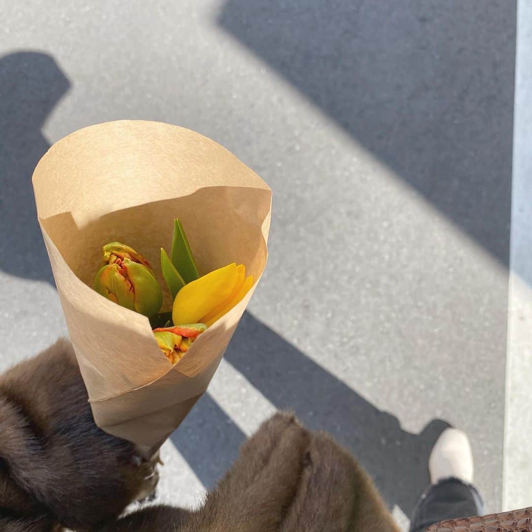 古南 祐佳のインスタグラム：「. オレンジとグリーンのチューリップ🌷 と イエローのチューリップ🌷 . 数日前買ったばかりなのにすくすく伸びて花開いてチューリップの生命力すごい、笑 . .」