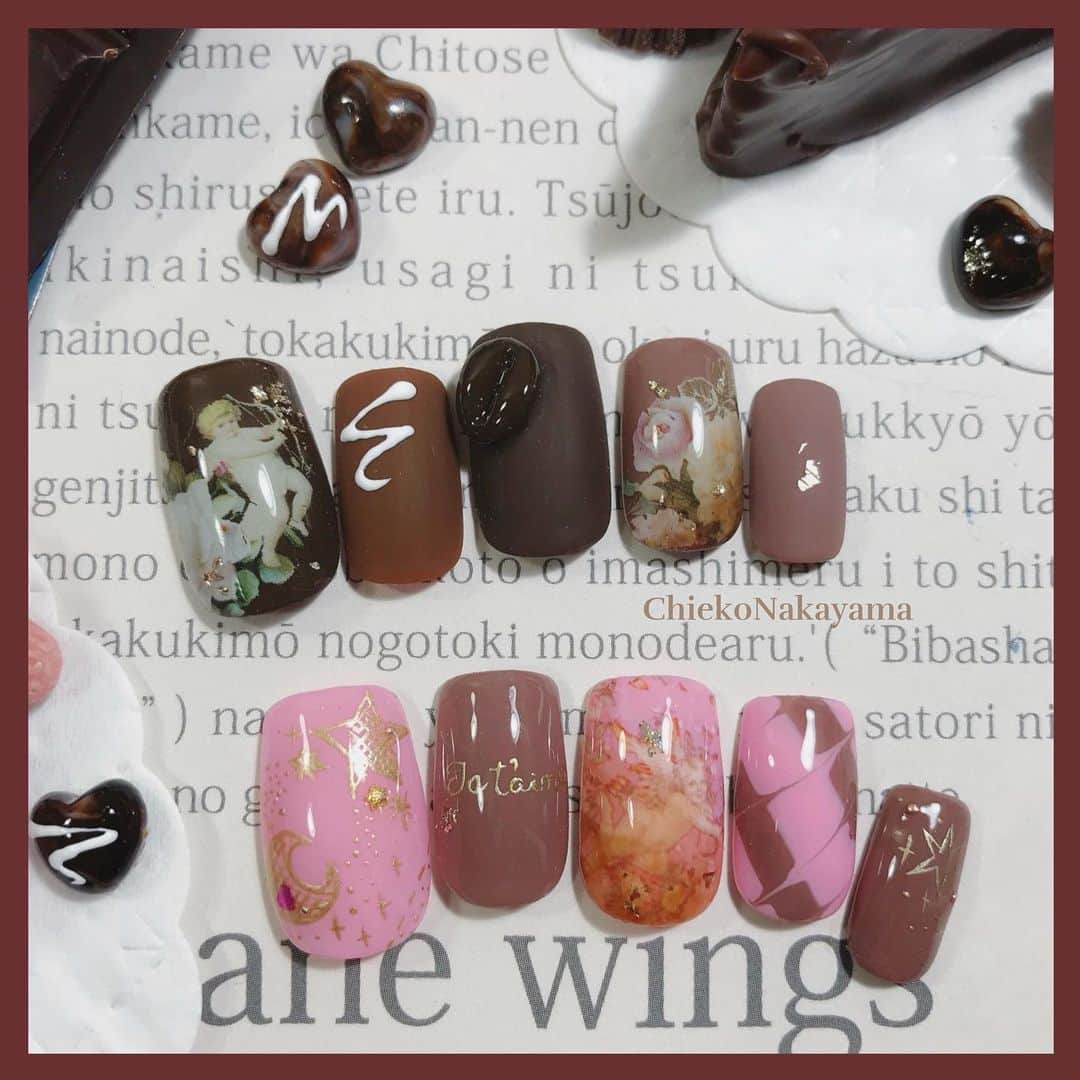 なかやまちえこのインスタグラム：「angel chocolate 👼⠀  #nail #nails #nailart #ネイル #美甲 #ネイルアート  #japanesenailart #manucure #japanesenails #manicurist #gelnails #أظافر #네일아트 #미용 #vẽmóng #valentinenails #バレンタインネイル #バレンタイン #valentine #チョコレート #チョコネイル #chocolate #chocolatenails @bettygel_official @kimagure_cat_whim @prexyofficial」