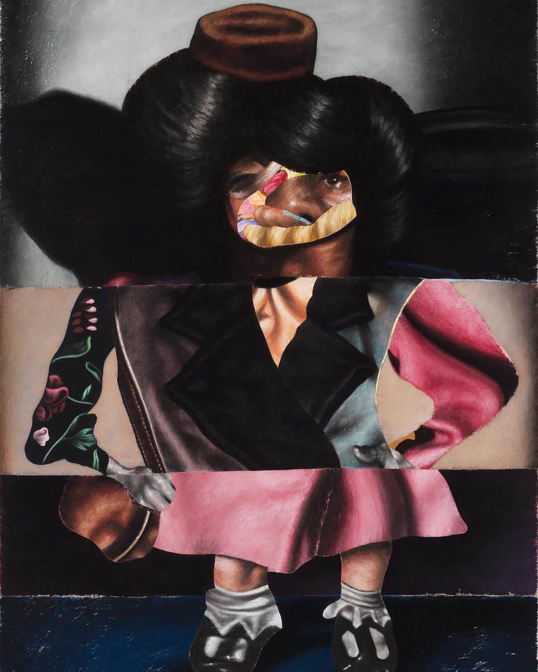 のインスタグラム：「#GagosianSpotlight: “The wonderful energy of this work on paper seems to come from a tension in Nathaniel Mary Quinn’s compositions—a tension between a desire to know the whole of something and the inability to grasp that same totality.” —Ed Schad  In a recent episode of the Broad's “Up Close” series, curator Ed Schad discusses Nathaniel Mary Quinn’s artistic practice and themes of memory, loss, and trauma. Follow the link in our bio to watch the video. __________ #NathanielMaryQuinn #Gagosian @nathanielmaryquinn @thebroadmuseum @icallitoranges Nathaniel Mary Quinn, "C'mo' And Walk With Me," 2019 (detail) © Nathaniel Mary Quinn」