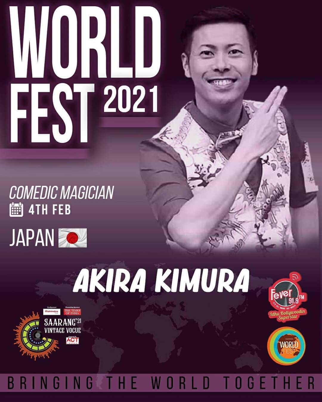 アキラ・コンチネンタル・フィーバーのインスタグラム：「Akira will be performing at Saarang World Fest 2021, one of the biggest culture festival in India and now you can watch it online!! Join and stay tune for Akira's performance at Saarang World Fest, 4th February 2021 at 20.30 WIB INDONESIA TIME (7PM INDIA TIME) by accessing to www.saarang.org, follow the step to watch the performance!! See you!!   #saarangworldfest #onlineevent #akirakimura  #magic #sulap #akira #アキラコンチネンタルフィーバー」