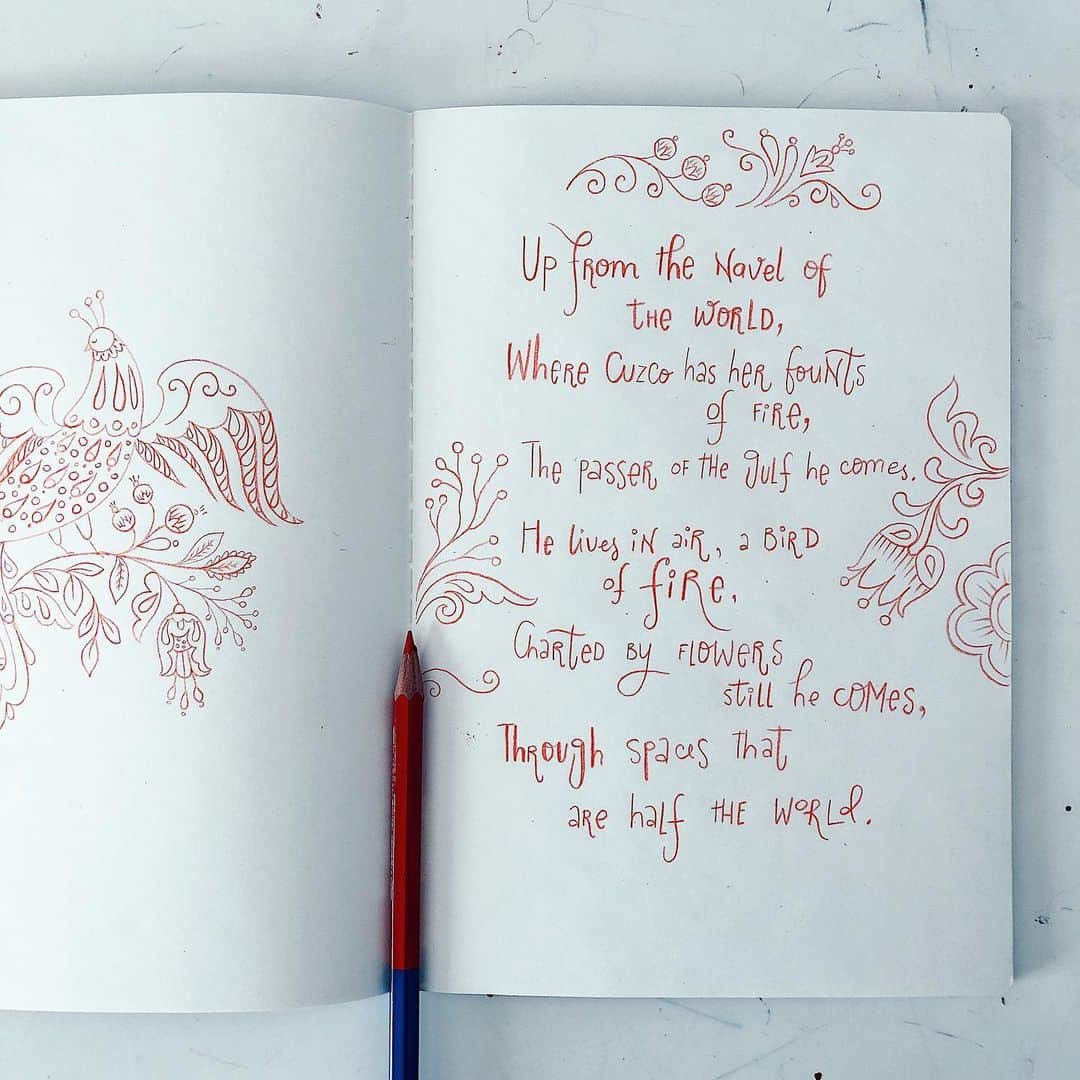 Dinara Mirtalipovaのインスタグラム：「“ Up from the navel of the world, Where Cuzco has her founts of fire, The passer of the gulf he comes.  He lives in air, a bird of fire, Charted by flowers still he comes, Through spaces that are half the world.  With glows of suns and seas he comes; A life within our shadowed world That’s bloom, and gem, and kiss of fire!”  By Padraic Colum」