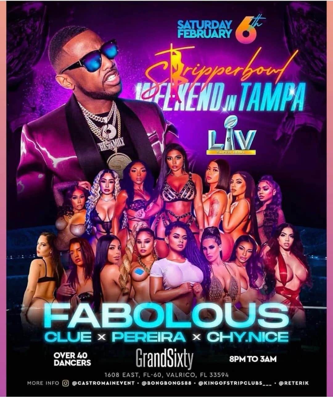 ファボラスのインスタグラム：「G R A N D  S I X T Y   T A M P A   S A T U R D A Y  S U P E R  B O W L  W E E K E N D   Stripper Bowl at @grandsixty this Saturday!! Over 40 NYC Dancers. Get ya Tables NOW‼️」