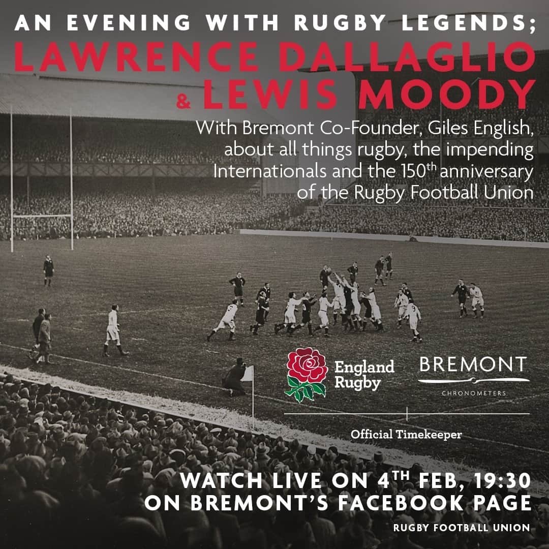 ブレモンのインスタグラム：「AN EVENING WITH RUGBY LEGENDS, LAWRENCE DALLAGLIO AND LEWIS MOODY⁠ ⁠ Going LIVE on Facebook, Bremont Co-Founder, @gilesenglish , speaks to @lewismoody7 and @lawrence_dallaglio about all things rugby, the impending Internationals, and the 150th anniversary of @englandrugby⁠ ⁠ Watch LIVE on 4th February at 19:30 on the Bremont FACEBOOK page.⁠ ⁠ #EnglandRugby150 #bremont #bremontwatches #rugby #englandrugby #worldcup #rugbyworldcup #rfu #tomcurry #sportwatch #england #luxurywatch #luxurywatches」