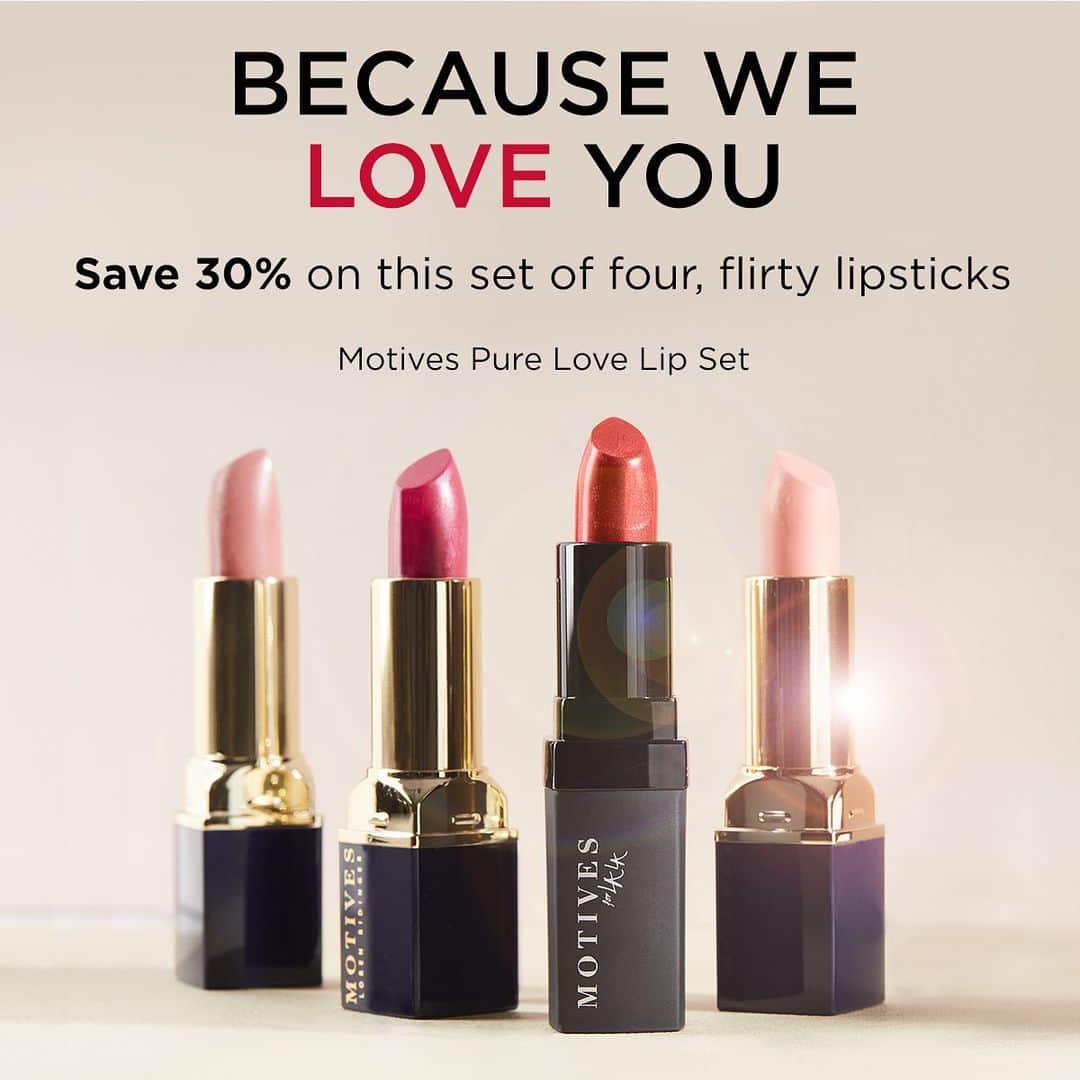 Motives Cosmeticsのインスタグラム：「Because WE LOVE YOU. 🖤 Introducing the NEW Pure Love Lip Set 💄This gorgeous set includes 4 Motives Lipstick favorites at 30% off! Visit the link in bio or our stories to add to your makeup collection!」