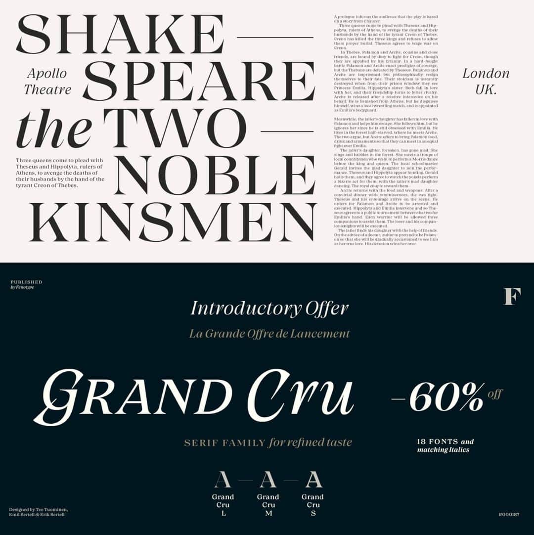 myfontsのインスタグラム：「@TeoTuominen & the Bertell brothers have done it again. Their brand new high-contrast, high-detail Grand Cru (text cuts are available too!) is 𝑒𝓍𝒸𝓁𝓊𝓈𝒾𝓋𝑒 to MyFonts and currently available at a very short-lived introductory discount: https://bit.ly/2MGX11F」