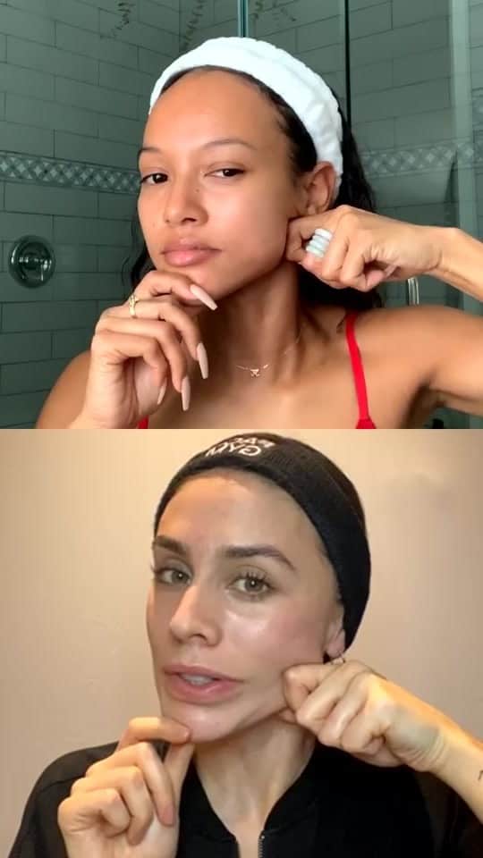 のインスタグラム：「Full Face workout with @sophieanneperry_! Working on frown lines, smile lines, jaw tension, under eye puffiness and defining those cheekbones! @facegym」