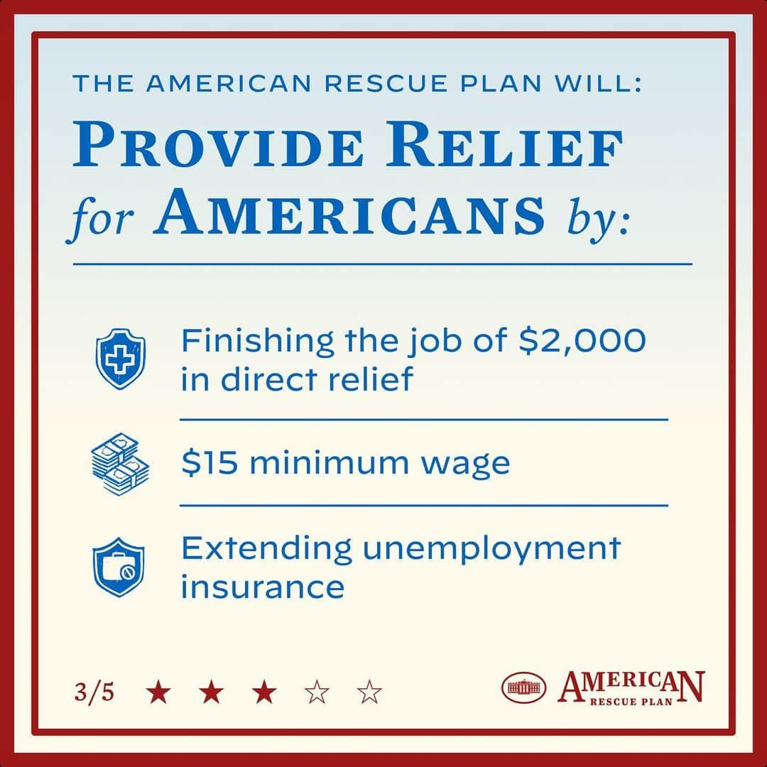 The White Houseさんのインスタグラム写真 - (The White HouseInstagram)「President Biden’s American Rescue Plan is a comprehensive legislative package that will change the course of the pandemic and build a bridge toward economic recovery. Swipe to learn more.」2月3日 4時45分 - whitehouse