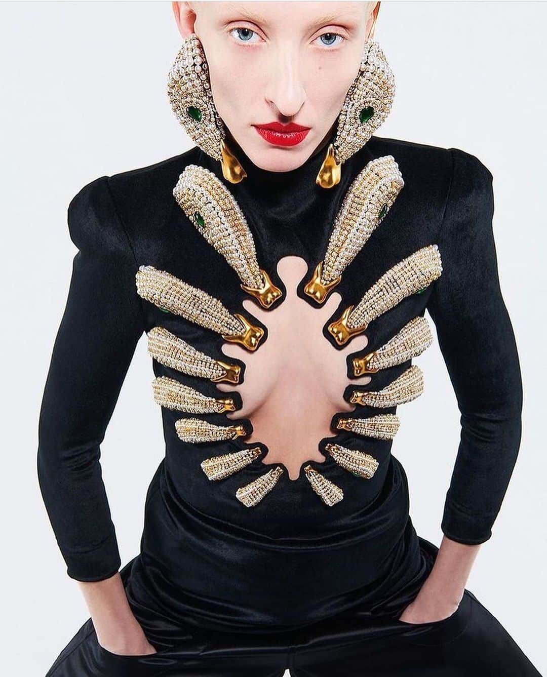 Fashion Weekのインスタグラム：「Haute couture in 3D. Using a slit-edged technique, @schiaparelli's artistic director @danielroseberry formed a three-dimensional embellished decolleté in the shape of teeth. ⁠⁠ ⁠⁠ #Schiaparelli's spring 2021 haute couture modeled by @maggiejoymaurer.⁠⁠ Photography by #Schiaparelli's @danielroseberry. Images c/o @imgmodels.」