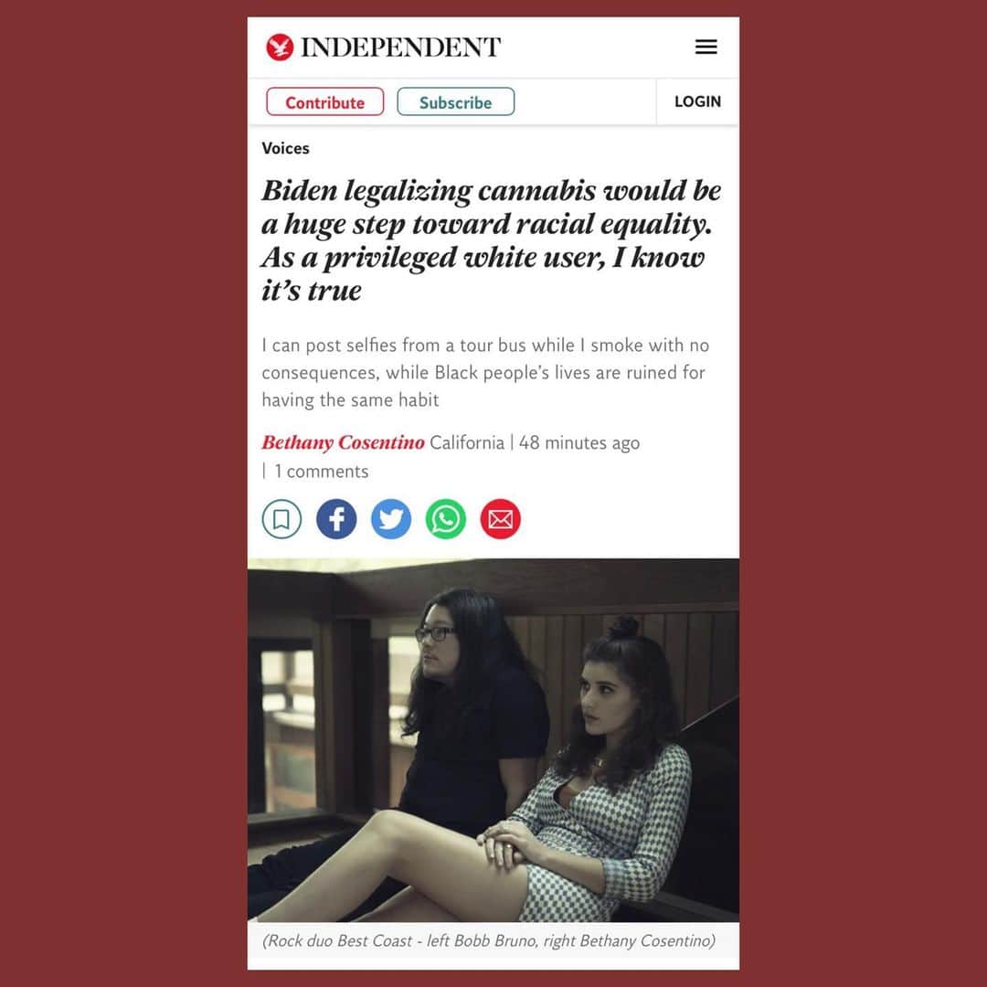 のインスタグラム：「i wrote this op-ed for @the.independent on white privilege in the cannabis industry, my own experience with *wEeD* + why I think it’s a good move to ✌🏻 legalize it ✌🏻. ⁣ link is in my bio if you care to read 💚」