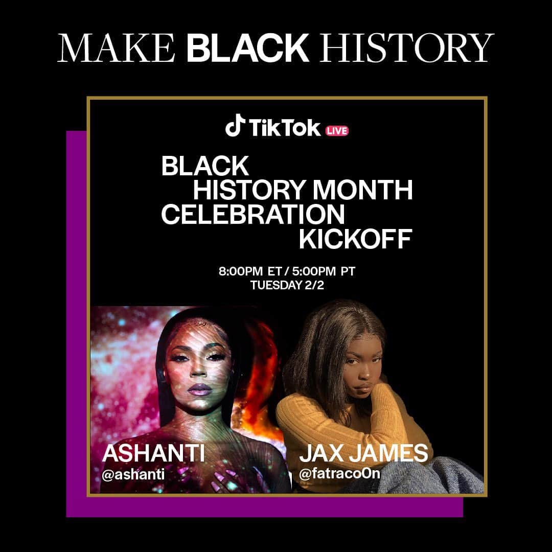 のインスタグラム：「Hey y’all Follow my @tiktok @ashanti Tune into my live on @tiktok for our Black History Month Celebration Kickoff!!! 8pm EST/5pm PST 🙌🏽🙌🏽🙌🏽🎉🎉🎉 @fatraco0n #iwantyouchallenge 💕💕」