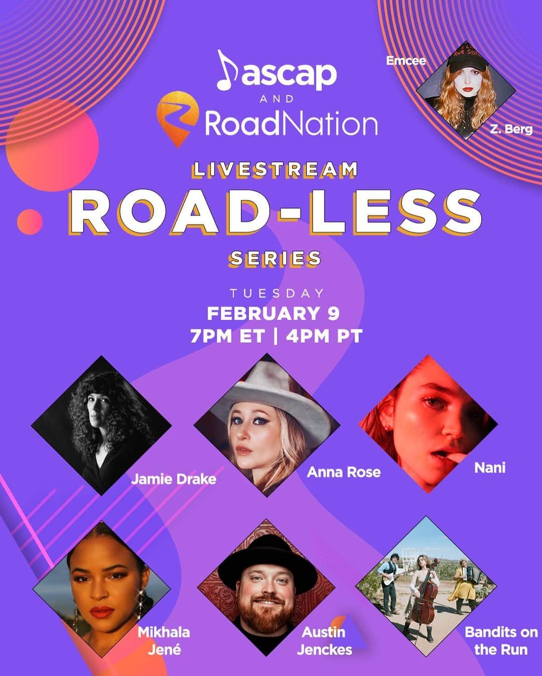 ASCAPさんのインスタグラム写真 - (ASCAPInstagram)「🚨 SHOWCASE ALERT🚨   Our next ASCAP X @roadnationofficial Road-Less Series is taking place a week from today on Tuesday Feb 9 7PM ET  4PM PT, streaming live on @twitch, featuring: @jamiethedrake  @annarosemusic  @nanilaquecanta  @mikhalajene  @austinjenckes @banditsontherun  Hosted by @zeezerizer   If you'd like the opportunity to perform on our next #ASCAP X #RoadNation Livestream in March, sign up today at the 🔗 in our bio.」2月3日 9時05分 - ascap