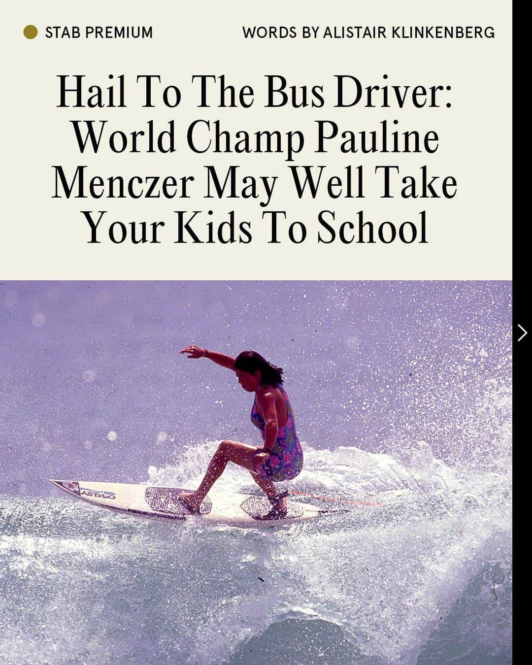 Surf Magazineのインスタグラム：「It’s because of people like @naughty_pauls that Women’s surfing is where it is today.   Head to the site to read our chat with the ’93 world champ where we cover everything from overcoming socio-economic boundaries to surfing’s patriarchy.」