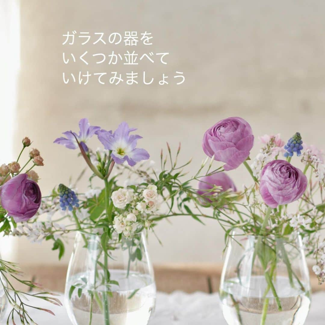 雑誌『花時間』さんのインスタグラム写真 - (雑誌『花時間』Instagram)「おはようございます。お花をいけるとき、どんな器を選んでいますか？﻿ ﻿ いま、選びたいのは﻿ ガラスの器。﻿ ﻿ 暗く見えがちな﻿ 紫のお花も﻿ 光を取り込んで﻿ こんなに明るく、﻿ 清々しく楽しめるんです。﻿ ﻿ 春の光を感じながら のんびりしたい日のための﻿ 花遊び。 ﻿ コップでも構いません。﻿ ﻿ いくつか並べたら、﻿ バランスを見ながら﻿ お花を挿してみて。  この子はこっち、 もう少し低いほうが いいかな？ あっ、あっちを向いちゃった…😅 なーんて、 お花と向き合う時間そのものも 癒やしになります。 ﻿ ﻿器同士をつないだ蔓は﻿ ハゴロモジャスミンです。﻿ ﻿ お庭で育てている方は﻿ ちょこっと切って✂️﻿ 活用してみませんか？﻿ ﻿ 器同士がお手手をつないで﻿ かわいいアレンジになりますよ。﻿ ﻿ では、本日も元気smile😊😊😊で﻿ 素敵な休日をお過ごしください。﻿ 今晩もきっと、きれいなお月さま🌕﻿ by  ピーターパン﻿ ﻿ ﻿花 @shopffplantule  写真 @satomi.ochiai78  ﻿ ﻿ #flowers #flowerslovers #flowerstagram #flowerarrangement  #花時間 #花時間2021  #花好き #花藝 #花好きな人と繋がりたい #花が好きな人と繋がりたい #花のある生活 #お花のある暮らし #花を飾る #花を飾る生活  #ラナンキュラス #ranunculus  #リューココリネ  #紫の花 #春の花 #癒やしの時間  #おうち時間を楽しむ #花遊び #ビタミンf #花屋さんへ行こう  ﻿ ﻿ ﻿」2月28日 10時41分 - hanajikan_magazine