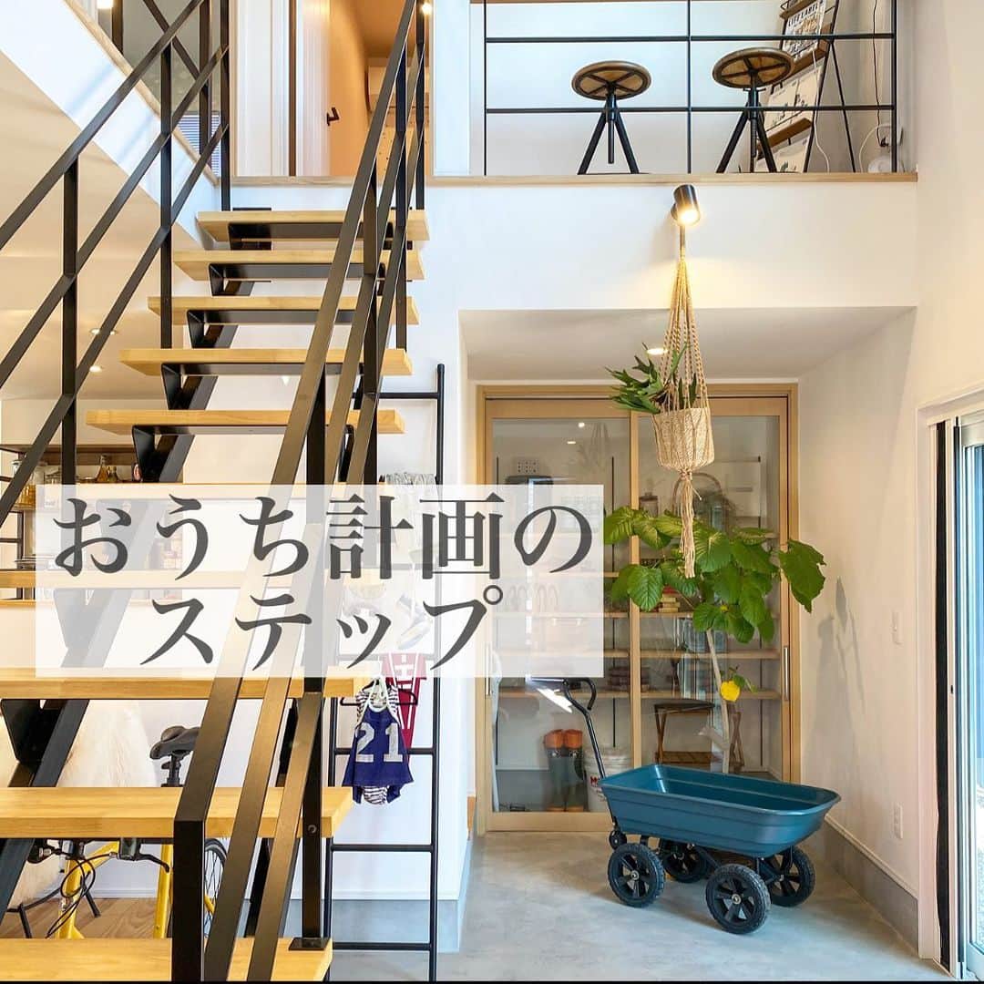 片桐優妃のインスタグラム：「#マイホーム計画 002 . #おうち作り のステップ おうち作り、まずはじめにやることは3つあります。 . ①#ハウスメーカー #工務店 探し ②土地探し ③予算決め です。 . ①ハウスメーカー、工務店探し ハウスメーカーや工務店は本当にたくさんあります。インスタやwebで情報収集して、自分がおうちを建てたいなと思うエリアが対応のHM、工務店があれば片っ端からHPを見て資料請求します。そこから実際に話を聞いてみたいな、と思うメーカーさんを選んでお話を聞きに行ってみましょう。全く情報がなく、ゼロから探すのであれば資料一括請求のサイトなどを利用するのもいいと思います。私もすごく心配していましたが、しつこい営業などはほとんどありません🙅‍♀️ . ②土地探し 土地の相場を知るために、まず気になるエリアの土地をスーモなどのサイトで色々検索してみましょう☺︎ただここではあくまで土地の値段を把握するだけ。実際の土地選びは、理想のおうちを建てるには建物にどれくらいかかるか、どんな土地が必要かわかってから、メーカーさんと相談しながら決めましょう🏠 . ③予算決め HMの資料や土地の価格、自分の収入などから、おうちにかける予算を決めます。現在の家賃はある程度の目安にしかならないので、それを基準にしてざっくり決めるなどはおすすめしません。年間のローンの返済額を年収の20%にあてるのが理想的といわれているようですが、これに関しては自分たちの今後の人生を大きく左右するのでFPさんの無料のカウンセリングなどを受けて決めるといいと思います。HMさんがFPさんを紹介してくれることもあります。お願いしたからといって契約しなきゃいけないということはありません✨ . 実際には①②③は大きくリンクしているので、同時に行う必要があります。時には現実を知り#マイホームブルー になることもありますが夢も広がってすごく楽しいと思います👼 . それとじつはもうひとつやることがあります。それは夫婦でしっかりと話し合うことです。どんなおうちに住みたいか？というより、どんな暮らしがしたいか、理想か どんな家族になりたいか です👨‍👩‍👧‍👦 パートナーの考えも聞くとてもいい機会になると思うので、ぜひ色々話し合ってみてください💐 . えらそうに書いてしまいましたが完全に一個人の意見と体験談です🤣🙇‍♂️✨またポイントごとに色々レポートしていきます✏️ . #マイホーム計画中 #マイホーム計画中の人と繋がりたい #注文住宅 #郊外暮らし #賃貸暮らし」