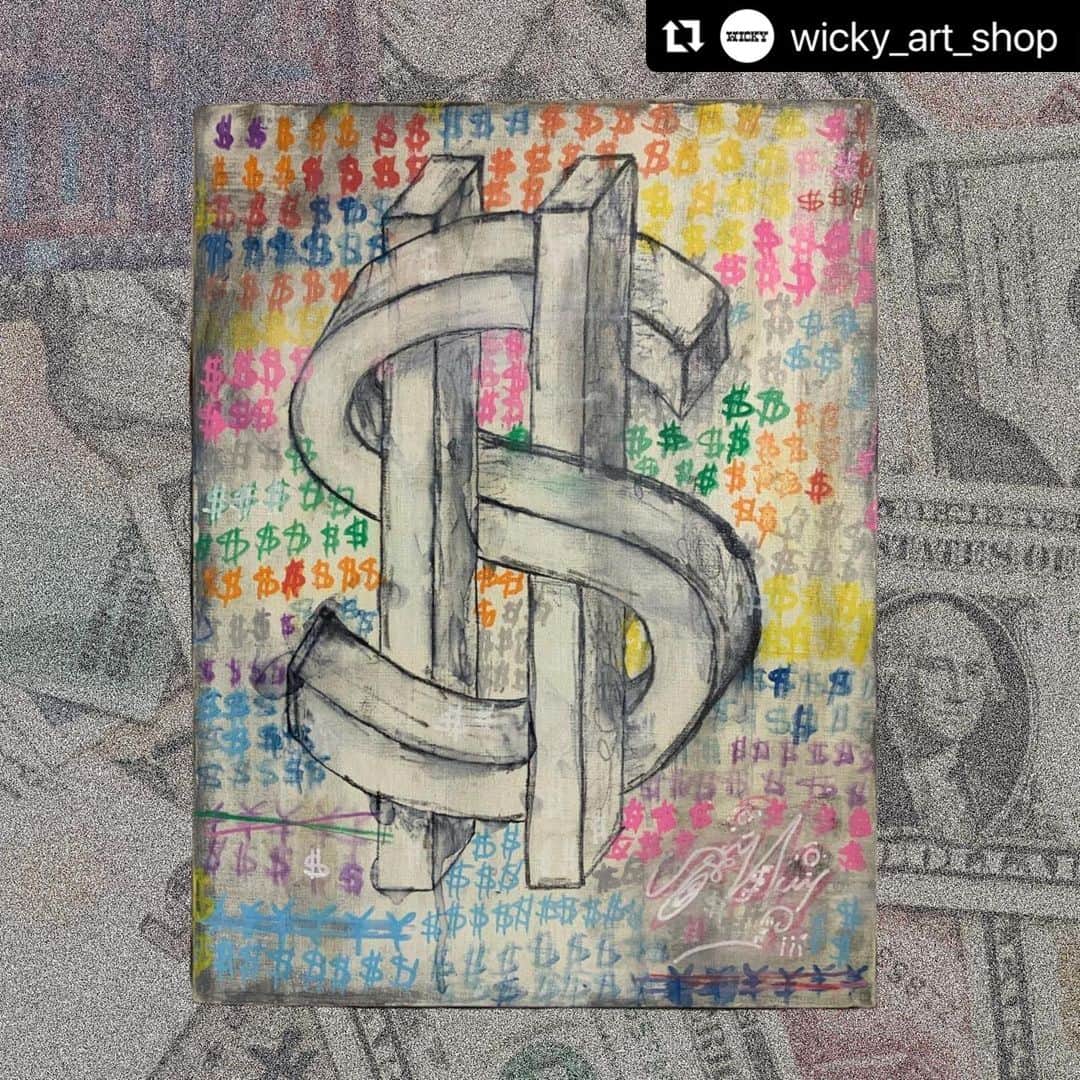 のインスタグラム：「よろしくお願いします🖼  #Repost @wicky_art_shop with @make_repost ・・・ 【絵画販売のお知らせ】  いつもWICKY ART SHOPをご利用頂き誠にありがとうございます。  絵画販売希望のお声を沢山いただき、本日19時よりWICKY ART SHOPにて絵画の原画を販売させていただく事になりました。  ご自宅で過ごす時間が多い昨今、お家美術館にウィッキーアートを取り入れてみてはいかがでしょうか。 お部屋のアクセントになること間違いなしです。  ※世界に一点もの絵画の原画になります。 お気に入りの作品がありましたら、早めのご購入をおすすめいたします。  どうぞよろしくお願いいたします。   WICKY ART SHOP  リンクはプロフィールからお願いいたします。 https://wickyart.shop  <作品紹介>  ‘$$$’  $のマークをトリックアートでウィッキーらしくironicな感じに仕上げた作品。  キャンバスの裏に直筆メッセージ付き。  「金持ってない奴が”世の中金じゃないよ！”っていいながらかいたえ」  お部屋のアクセントにどうぞ。  ※額縁は含まれていません。キャンバスのみ。※  <サイズ> F6 407mm×320mm  #西浦ウィッキー聡生 #wickyart #wickyartshop #artwork #painting #painitingsale #artwork🎨 #絵画　#絵画販売」