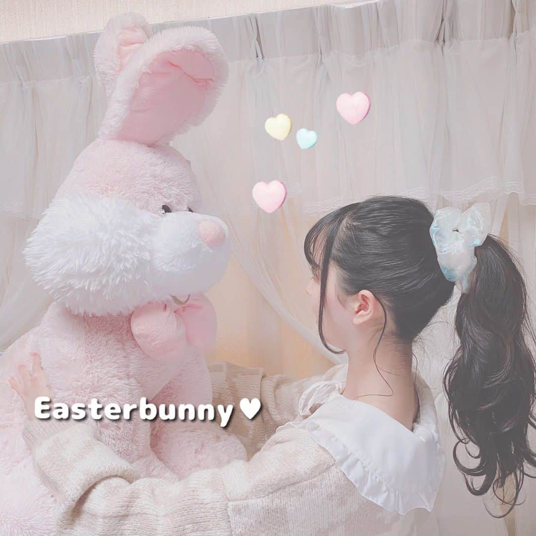 高木凜汐のインスタグラム：「Easterbunny🐰 . 欲しいなぁと思ってたら、お友だちが誕生日にプレゼントしてくれたの🎀 . めっちゃ嬉しくて飛び跳ねたというおはなし❤︎ はぁかわいい( ´͈ ᐜ `͈ ) . みぃちゃん＆みぃちゃんママ、他にも沢山ありがとう🥺💕 大切にします♡♡ @mii_mii1114  . #イースターバニー #コストコ #コストコうさぎ #コストコぬいぐるみ #ぬいぐるみ #うさぎ #costco #easterbunny #ポニーテール」