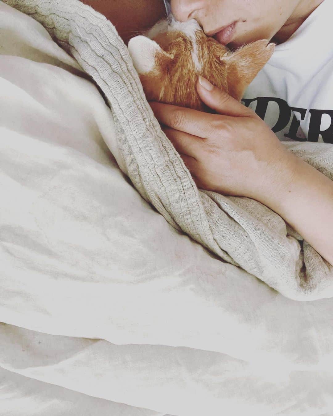 のインスタグラム：「イオちゃん、昨日の帰宅時よりお水1回、夜にちゅ〜る3/4本。  痛み止めをモルヒネパッチにしたら、もう意思の疎通ができなくなっちゃうくらい寝てばかりになるのかな？と、すこし心配していたのだけど、ちゃんとおトイレには起きるし、身体が楽になったのか、ごろごろのどを鳴らす時間が増えた。  すごく甘えん坊。だいたい朝の7時に「ママ、ふところに入れてちょうだい♡」とかわいい雄叫びをあげて入ってくる。それからちゅっちゅして、むちゃくちゃ抱き抱きして、目覚ましが鳴るまで二度寝する。  えらいのは、やきもちやきの坊が静かにそんな私たちを見守ってくれていること。とても大切な時間をすごしているって、ちゃんと理解しているのだ。  もう二度と痛くないこと、なにひとつ不安がないこと、そして限りなく愛していることを彼女に約束した。  イオと一緒にいるとき、私はいつも笑顔でいる。そして、ベランダでひとりのときは、こぶしを握りしめて泣く。最初は泣いてばかりで情けないと自分を責めていたけれど、この涙はイオの苦しみを一手に引き受けたものだから、泣いていいのだと今は思っている。  イオちゃん、今日も幸せそうです。  #猫沢イオ　#イオの扁平上皮ガン日記」