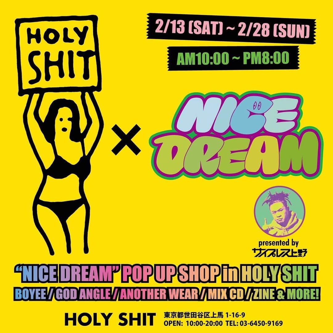 サイプレス上野のインスタグラム：「【NICE  DREAM】POP  UP SHOP in  HOLY  SHIT、いよいよ最終日！滑り込み🆕もあり〼。ZINEも出来たんだけどカラーコピー 'n ホッチキス止めでは限界なボリュームになったので、店頭にある初期型はあと2部でオシマイです！大人しく業者出します（笑）14時〜ご来店よっしゃっしゃっす！  【お献立】  14:00 DJ KEI10 a.k.a.MAD SAIZERya 14:45 サイプレス上野 15:30 DJKENTA（ZZ PRODUCTION） 17:00 DJ END  ※お店は20時までやっております！  ※緊急事態宣言解除後に打ち上げパーティー開催しますので詳細をお待ちくださいませ🙏」