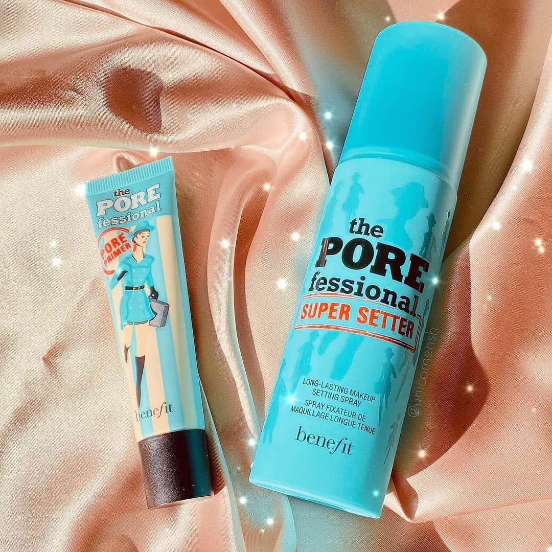 Benefit Cosmeticsのインスタグラム：「Can you say POWER COUPLE!? 💪 Experience the magical pore-blurring effect of our #POREfessional primer & setting spray duo. Poof—perfectly smooth skin! ✨ #benefit」