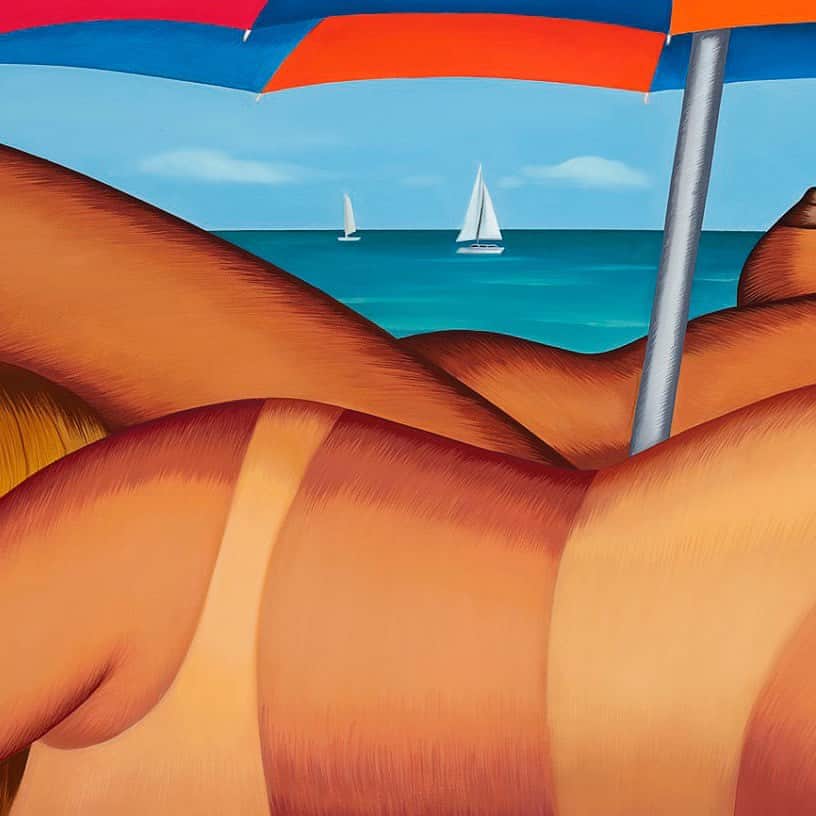 クリスティーズのインスタグラム：「In Julie Curtiss' 'Etalage' — a French word meaning 'display' and typically used when referring to merchandise being sold — the artist comments on fetishization of the female anatomy as she depicts a group of sun-drenched women lounging topless on NYC's Rockaway Beach.⠀ .⠀ This work was included in Curtiss' debut solo exhibition at Anton Kern Gallery in 2019.⠀ .⠀ Julie Curtiss (b.1982), 'Etalage'. Price on request.⠀ .⠀ Framing the Figure — 5 February-8 March, New York and online⠀ .⠀ 📍 Available via Christie's Private Sales. Follow the link in bio ⬆️ for our Private Sales Viewing Rooms.⠀ .⠀ #framingthefigure #figuration #art #artist #contemporaryart #painting #beach #beachbodies #sunbathing #juliecurtiss」